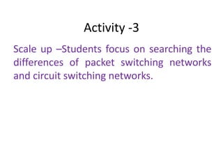 Activity -3
Scale up –Students focus on searching the
differences of packet switching networks
and circuit switching networks.
 