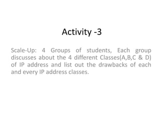 Activity -3
Scale-Up: 4 Groups of students, Each group
discusses about the 4 different Classes(A,B,C & D)
of IP address and list out the drawbacks of each
and every IP address classes.
 
