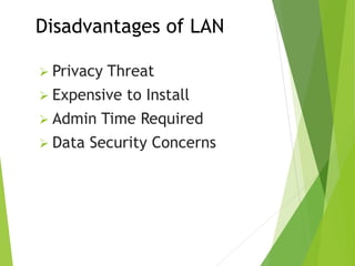 Disadvantages of LAN
 Privacy Threat
 Expensive to Install
 Admin Time Required
 Data Security Concerns
 