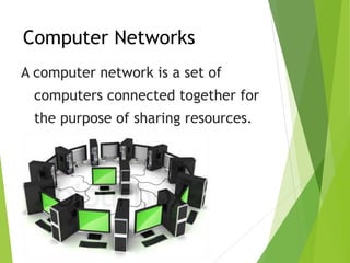 Computer Networks
A computer network is a set of
computers connected together for
the purpose of sharing resources.
 