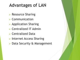 Advantages of LAN
 Resource Sharing
 Communication
 Application Sharing
 Centralized IT Admin
 Centralized Data
 Internet Access Sharing
 Data Security & Management
 