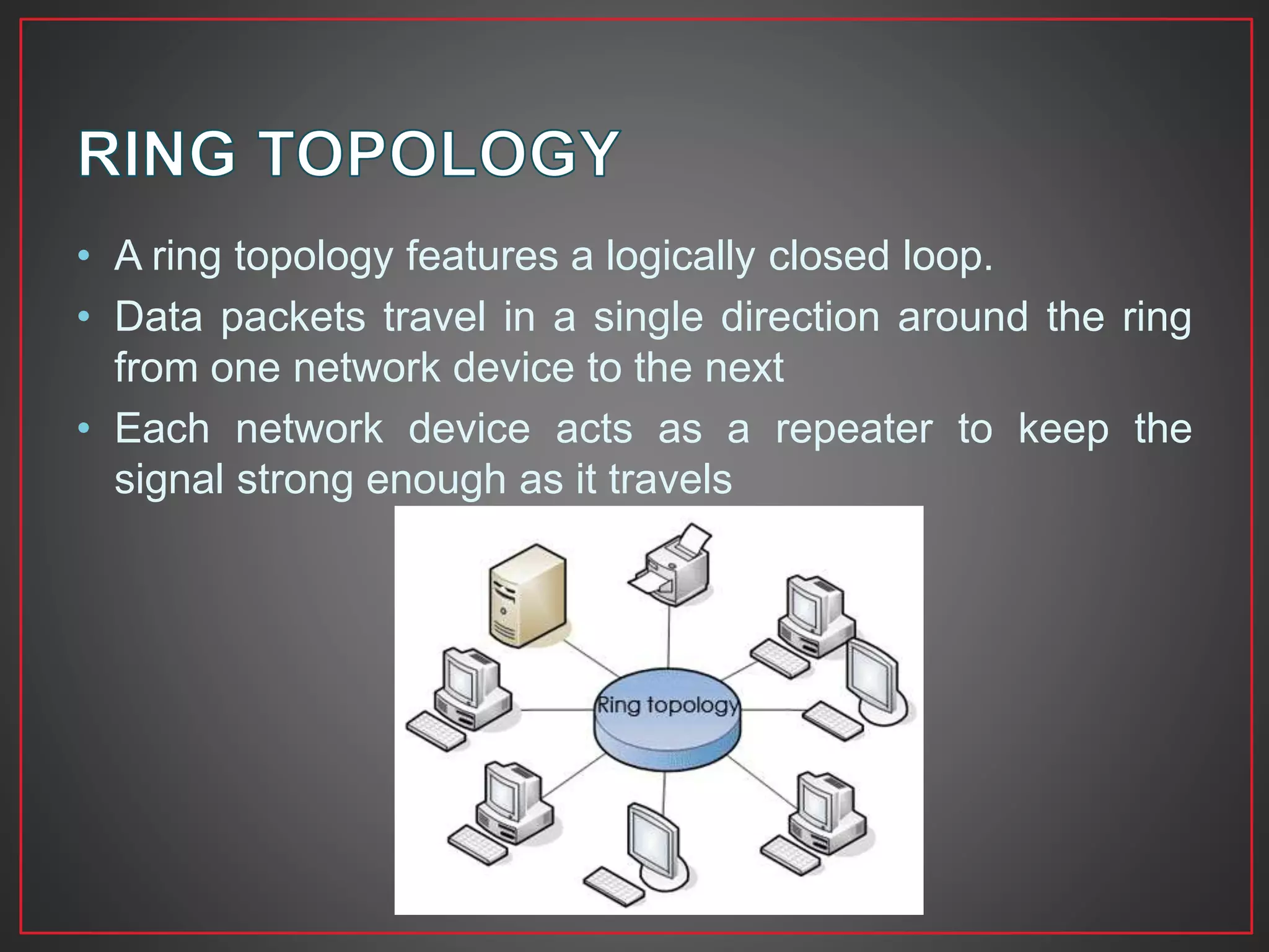 • A ring topology features a logically closed loop.
• Data packets travel in a single direction around the ring
from one network device to the next
• Each network device acts as a repeater to keep the
signal strong enough as it travels
 