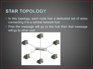 • In this topology, each node has a dedicated set of wires
connecting it to a central network hub
• First the message will go to the hub then that message
will go to other user
 