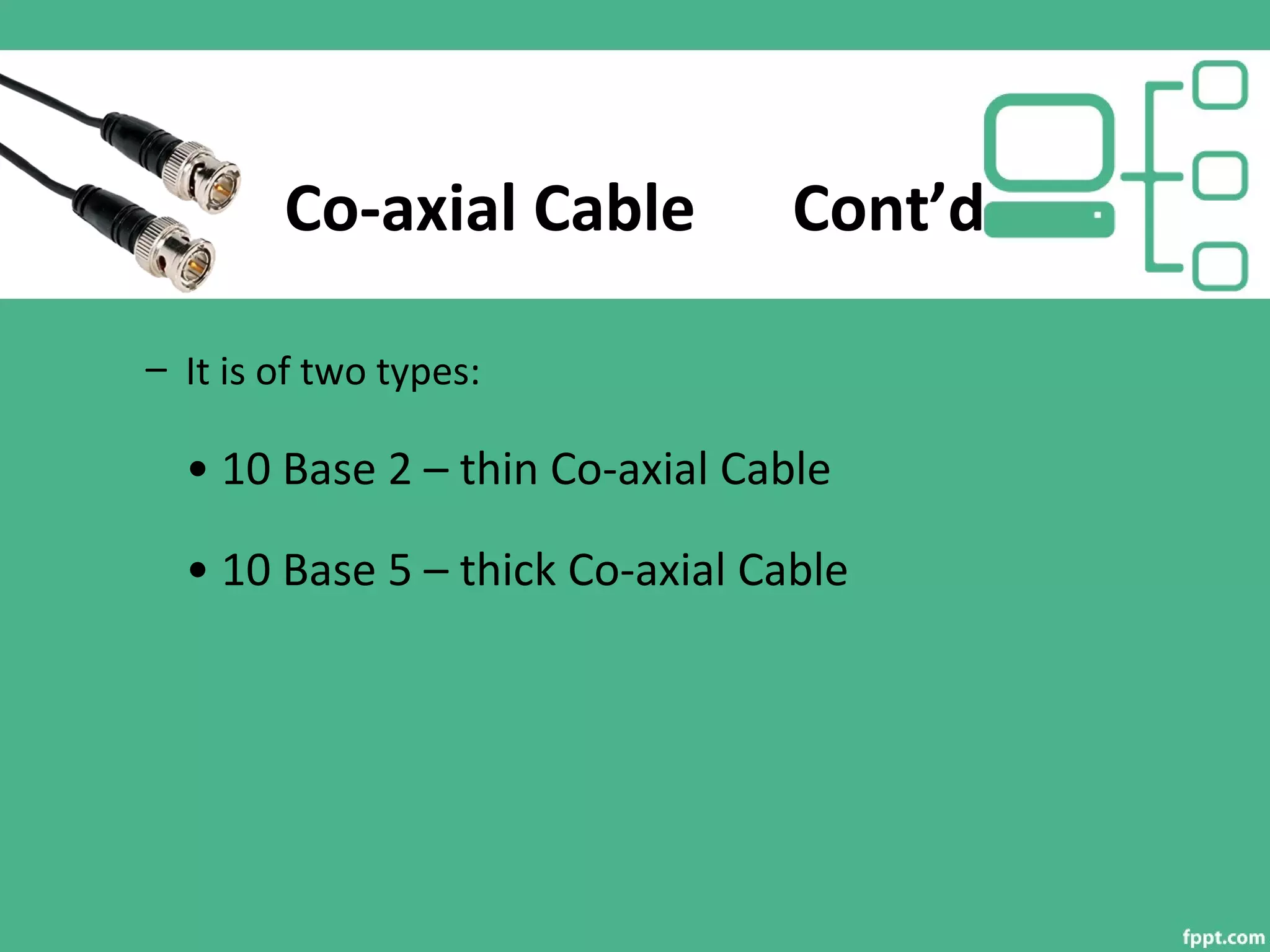 Co-axial Cable Cont’d
– It is of two types:
• 10 Base 2 – thin Co-axial Cable
• 10 Base 5 – thick Co-axial Cable
 