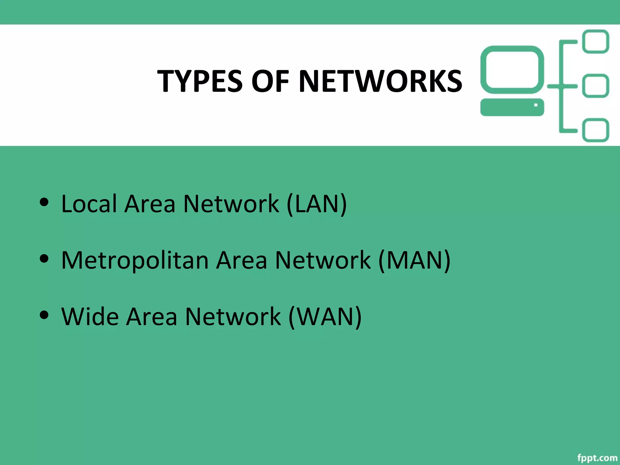 TYPES OF NETWORKS
• Local Area Network (LAN)
• Metropolitan Area Network (MAN)
• Wide Area Network (WAN)
 