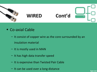 WIRED Cont’d
• Co-axial Cable
– It consist of copper wire as the core surrounded by an
insulation material
– It is mostly used in MAN
– It has high data transfer speed
– It is expensive than Twisted Pair Cable
– It can be used over a long distance
 