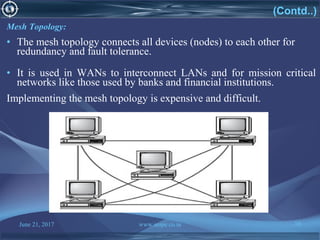 June 21, 2017 www.snipe.co.in 10
(Contd..)
Mesh Topology:
• The mesh topology connects all devices (nodes) to each other for
redundancy and fault tolerance.
• It is used in WANs to interconnect LANs and for mission critical
networks like those used by banks and financial institutions.
Implementing the mesh topology is expensive and difficult.
 
