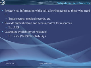 June 21, 2017 www.snipe.co.in 106
Why do we need Security
• Protect vital information while still allowing access to those who need
it
– Trade secrets, medical records, etc.
• Provide authentication and access control for resources
– Ex: AFS
• Guarantee availability of resources
– Ex: 5 9’s (99.999% reliability)
 