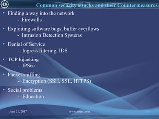 June 21, 2017 www.snipe.co.in 108
Common security attacks and their Countermeasures
• Finding a way into the network
- Firewalls
• Exploiting software bugs, buffer overflows
- Intrusion Detection Systems
• Denial of Service
- Ingress filtering, IDS
• TCP hijacking
- IPSec
• Packet sniffing
- Encryption (SSH, SSL, HTTPS)
• Social problems
- Education
 