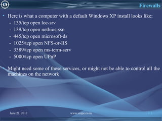 June 21, 2017 www.snipe.co.in 113
Firewalls
• Here is what a computer with a default Windows XP install looks like:
- 135/tcp open loc-srv
- 139/tcp open netbios-ssn
- 445/tcp open microsoft-ds
- 1025/tcp open NFS-or-IIS
- 3389/tcp open ms-term-serv
- 5000/tcp open UPnP
• Might need some of these services, or might not be able to control all the
machines on the network
 