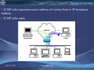 June 21, 2017 www.snipe.co.in 123
Denial of Service
• ICMP echo (spooted source address of victim) Sent to IP broadcast
Address
• ICMP echo reply
 