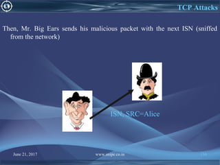 June 21, 2017 www.snipe.co.in 134
TCP Attacks
Then, Mr. Big Ears sends his malicious packet with the next ISN (sniffed
from the network)
ISN, SRC=Alice
 