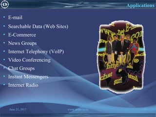June 21, 2017 www.snipe.co.in 15
Applications
• E-mail
• Searchable Data (Web Sites)
• E-Commerce
• News Groups
• Internet Telephony (VoIP)
• Video Conferencing
• Chat Groups
• Instant Messengers
• Internet Radio
 