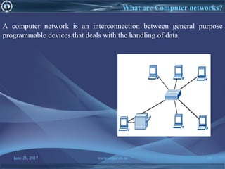 June 21, 2017 www.snipe.co.in 16
What are Computer networks?
A computer network is an interconnection between general purpose
programmable devices that deals with the handling of data.
 