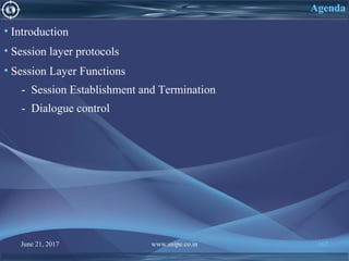 June 21, 2017 www.snipe.co.in 162
Agenda
• Introduction
• Session layer protocols
• Session Layer Functions
- Session Establishment and Termination
- Dialogue control
 