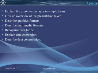 June 21, 2017 www.snipe.co.in 169
Agenda
• Explain the presentation layer in simple terms.
• Give an overview of the presentation layer.
• Describe graphics formats
• Describe multimedia formats
• Recognize data format.
• Explain data encryption.
• Describe data compression.
 