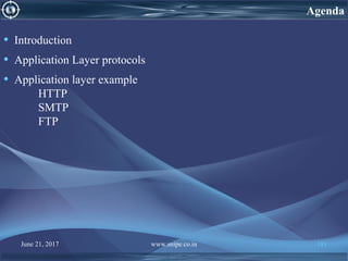 June 21, 2017 www.snipe.co.in 181
• Introduction
• Application Layer protocols
• Application layer example
HTTP
SMTP
FTP
Agenda
 
