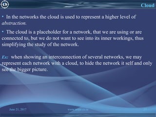 June 21, 2017 www.snipe.co.in 27
Cloud
• In the networks the cloud is used to represent a higher level of
abstraction.
• The cloud is a placeholder for a network, that we are using or are
connected to, but we do not want to see into its inner workings, thus
simplifying the study of the network.
Ex: when showing an interconnection of several networks, we may
represent each network with a cloud, to hide the network it self and only
see the bigger picture.
 