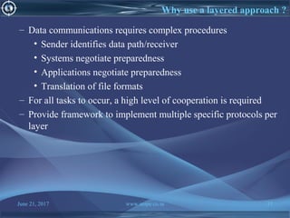 June 21, 2017 www.snipe.co.in 37
Why use a layered approach ?
– Data communications requires complex procedures
• Sender identifies data path/receiver
• Systems negotiate preparedness
• Applications negotiate preparedness
• Translation of file formats
– For all tasks to occur, a high level of cooperation is required
– Provide framework to implement multiple specific protocols per
layer
 
