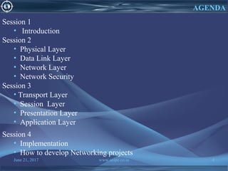 June 21, 2017 www.snipe.co.in 4
AGENDA
Session 1
• Introduction
Session 2
• Physical Layer
• Data Link Layer
• Network Layer
• Network Security
Session 3
• Transport Layer
• Session Layer
• Presentation Layer
• Application Layer
Session 4
• Implementation
• How to develop Networking projects
 