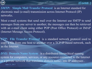 June 21, 2017 www.snipe.co.in 41
SMTP: Simple Mail Transfer Protocol is an Internet standard for
electronic mail (e-mail) transmission across Internet Protocol (IP)
networks.
Most e-mail systems that send mail over the Internet use SMTP to send
messages from one server to another; the messages can then be retrieved
with an e-mail client using either POP (Post Office Protocol) or IMAP
(Internet Message Access Protocol).
FTP: File Transfer Protocol is a standard network protocol used to
copy a file from one host to another over a TCP/IP-based network, such
as the Internet.
DNS: Domain Name System is a distributed hierarchical naming
system for computers, services, or any resource connected to the Internet
or a private network that translates domain names into IP addresses .
(Contd..)
 