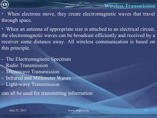 June 21, 2017 www.snipe.co.in 65
Wireless Transmission
- The Electromagnetic Spectrum
- Radio Transmission
- Microwave Transmission
- Infrared and Millimeter Waves
- Light-wave Transmission
can all be used for transmitting information
• When electrons move, they create electromagnetic waves that travel
through space.
• When an antenna of appropriate size is attached to an electrical circuit,
the electromagnetic waves can be broadcast efficiently and received by a
receiver some distance away. All wireless communication is based on
this principle.
 