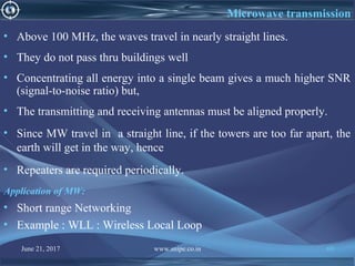 June 21, 2017 www.snipe.co.in 69
Microwave transmission
• Above 100 MHz, the waves travel in nearly straight lines.
• They do not pass thru buildings well
• Concentrating all energy into a single beam gives a much higher SNR
(signal-to-noise ratio) but,
• The transmitting and receiving antennas must be aligned properly.
• Since MW travel in a straight line, if the towers are too far apart, the
earth will get in the way, hence
• Repeaters are required periodically.
Application of MW:
• Short range Networking
• Example : WLL : Wireless Local Loop
 