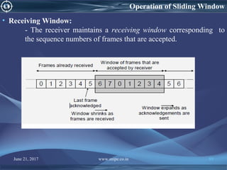 • Receiving Window:
- The receiver maintains a receiving window corresponding to
the sequence numbers of frames that are accepted.
Operation of Sliding Window
June 21, 2017 www.snipe.co.in 89
 