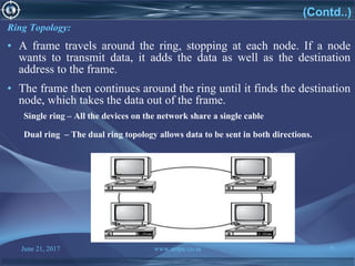 June 21, 2017 www.snipe.co.in 9
(Contd..)
Ring Topology:
• A frame travels around the ring, stopping at each node. If a node
wants to transmit data, it adds the data as well as the destination
address to the frame.
• The frame then continues around the ring until it finds the destination
node, which takes the data out of the frame.
Single ring – All the devices on the network share a single cable
Dual ring – The dual ring topology allows data to be sent in both directions.
 