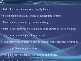 June 21, 2017 www.snipe.co.in 97
End-to-End Packet Network
• Individual packet streams are highly bursty
• Statistical multiplexing is used to concentrate streams
• User demand can undergo dramatic change
• Peer-to-peer applications stimulated huge growth in traffic volumes
• Internet structure highly decentralized
• Paths traversed by packets can go through many networks controlled
by different organizations
• No single entity responsible for end-to-end service
 