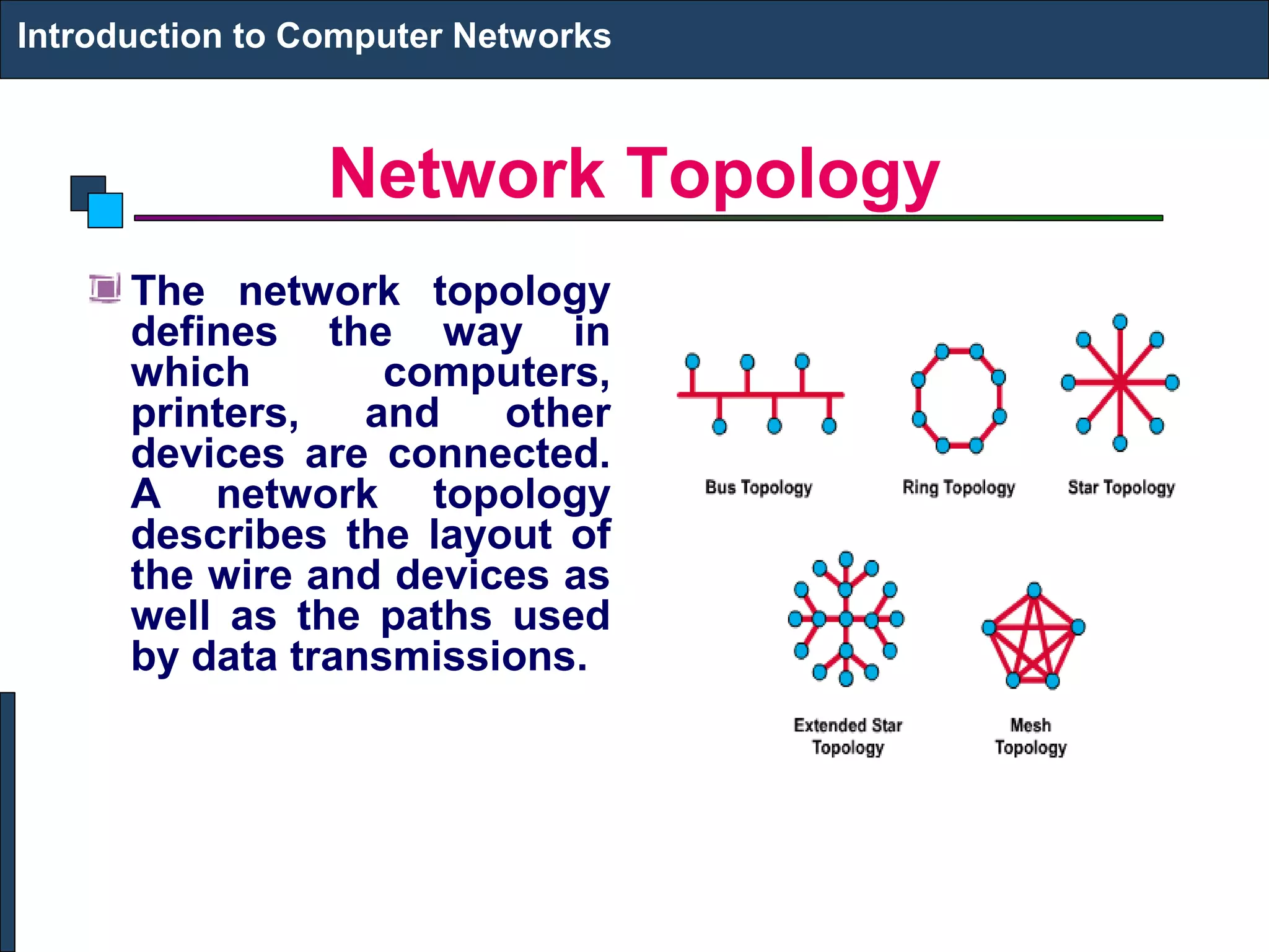 Network Topology
The network topology
defines the way in
which computers,
printers, and other
devices are connected.
A network topology
describes the layout of
the wire and devices as
well as the paths used
by data transmissions.
Introduction to Computer Networks
 
