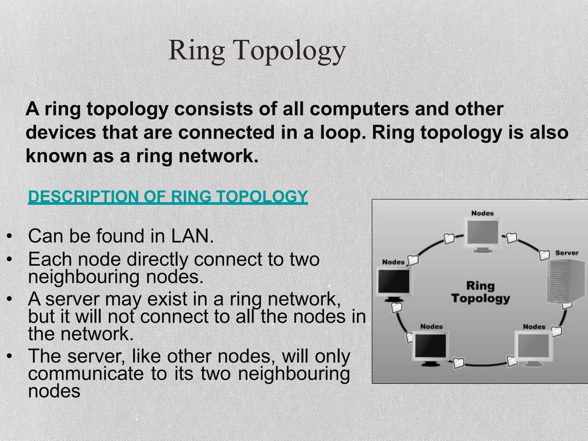 Ring Topology
A ring topology consists of all computers and other
devices that are connected in a loop. Ring topology is also
known as a ring network.
DESCRIPTION OF RING TOPOLOGY
• Can be found in LAN.
• Each node directly connect to two
neighbouring nodes.
• A server may exist in a ring network,
but it will not connect to all the nodes in
the network.
• The server, like other nodes, will only
communicate to its two neighbouring
nodes
 