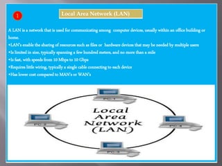 A LAN is a network that is used for communicating among computer devices, usually within an office building or
home.
•LAN’s enable the sharing of resources such as files or hardware devices that may be needed by multiple users
•Is limited in size, typically spanning a few hundred meters, and no more than a mile
•Is fast, with speeds from 10 Mbps to 10 Gbps
•Requires little wiring, typically a single cable connecting to each device
•Has lower cost compared to MAN’s or WAN’s
Local Area Network (LAN)1
 