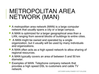 METROPOLITAN AREA
NETWORK (MAN)
A metropolitan area network (MAN) is a large computer
network that usually spans a city or a large campus.
A MAN is optimized for a larger geographical area than a
LAN, ranging from several blocks of buildings to entire cities.
 A MAN might be owned and operated by a single
organization, but it usually will be used by many individuals
and organizations.
A MAN often acts as a high speed network to allow sharing of
regional resources.
A MAN typically covers an area of between 5 and 50 km
diameter.
Examples of MAN: Telephone company network that
provides a high speed DSL to customers and cable TV
network.
LECTURER SURAJ PANDEY CCT COLLEGE
 