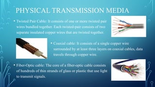 PHYSICAL TRANSMISSION MEDIA
• Twisted Pair Cable: It consists of one or more twisted pair
wires bundled together. Each twisted-pair consists of two
separate insulated copper wires that are twisted together.
• Coaxial cable: It consists of a single copper wire
surrounded by at least three layers on coaxial cables, data
travels through copper wire.
• Fiber-Optic cable: The core of a fiber-optic cable consists
of hundreds of thin strands of glass or plastic that use light
to transmit signals.
 