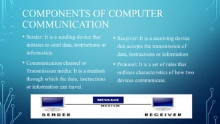 COMPONENTS OF COMPUTER
COMMUNICATION
• Sender: It is a sending device that
initiates to send data, instructions or
information.
• Communication channel or
Transmission media: It is a medium
through which the data, instructions
or information can travel.
• Receiver: It is a receiving device
that accepts the transmission of
data, instructions or information
• Protocol: It is a set of rules that
outlines characteristics of how two
devices communicate.
 