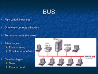 BUSBUS
 Also called linear busAlso called linear bus
 One wire connects all nodesOne wire connects all nodes
 Terminator ends the wiresTerminator ends the wires
 AdvantagesAdvantages
 Easy to setupEasy to setup
 Small amount of wireSmall amount of wire
 DisadvantagesDisadvantages
 SlowSlow
 Easy to crashEasy to crash
 