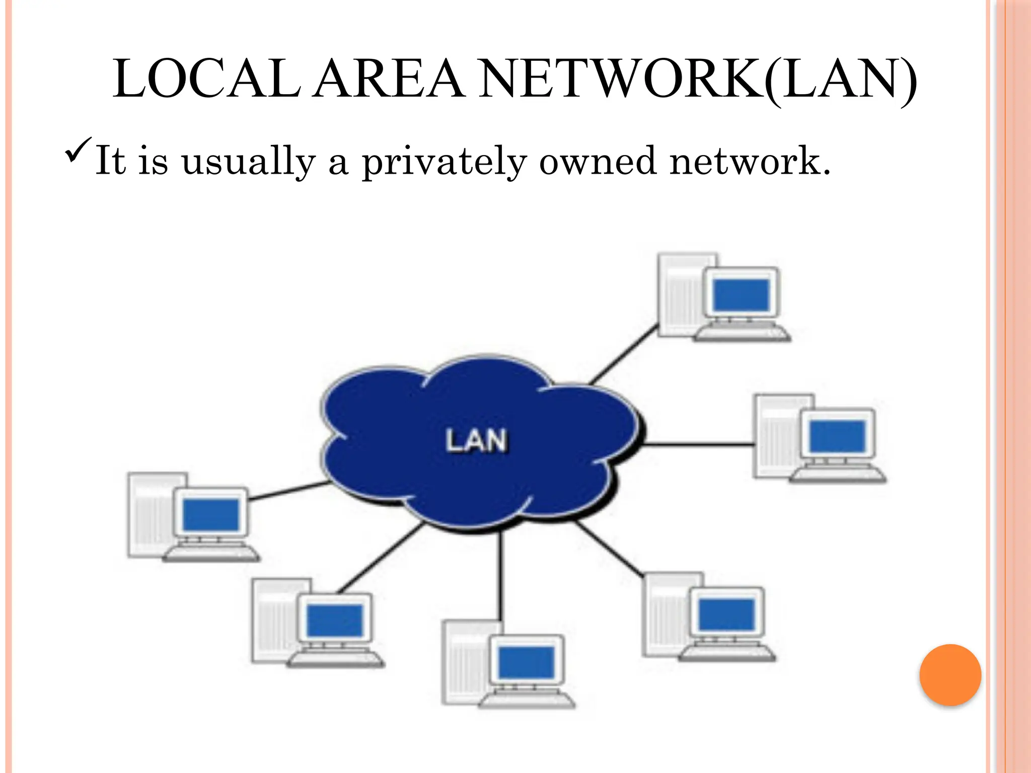 It is usually a privately owned network.
LOCAL AREA NETWORK(LAN)
 