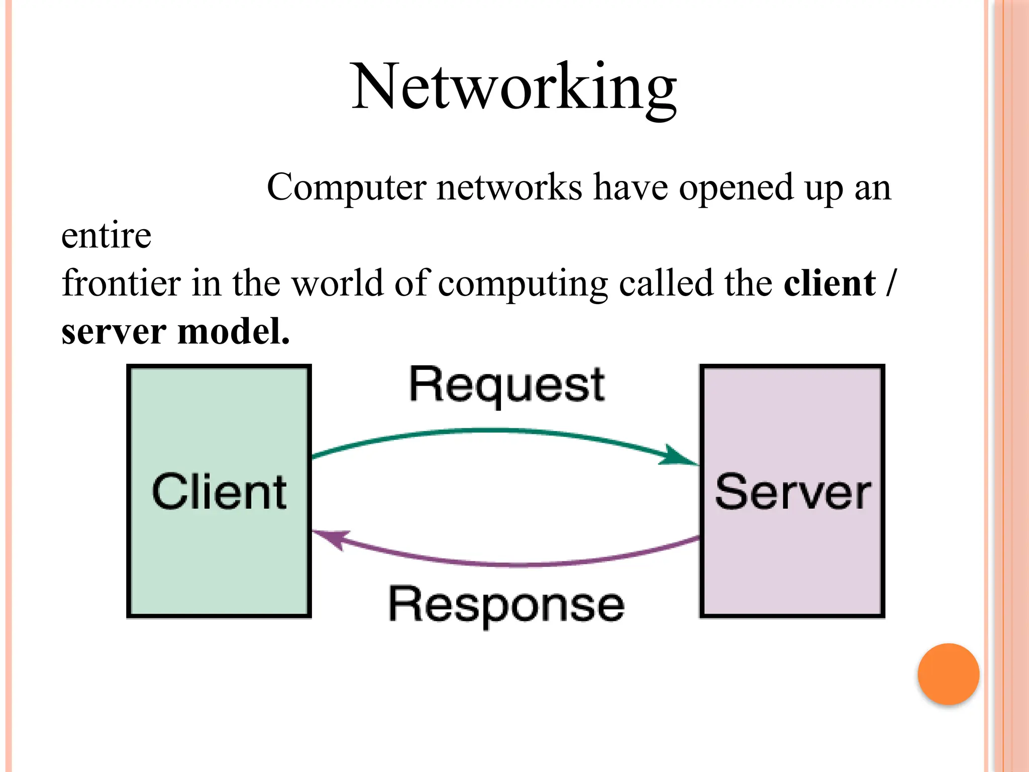 Networking
Computer networks have opened up an
entire
frontier in the world of computing called the client /
server model.
 