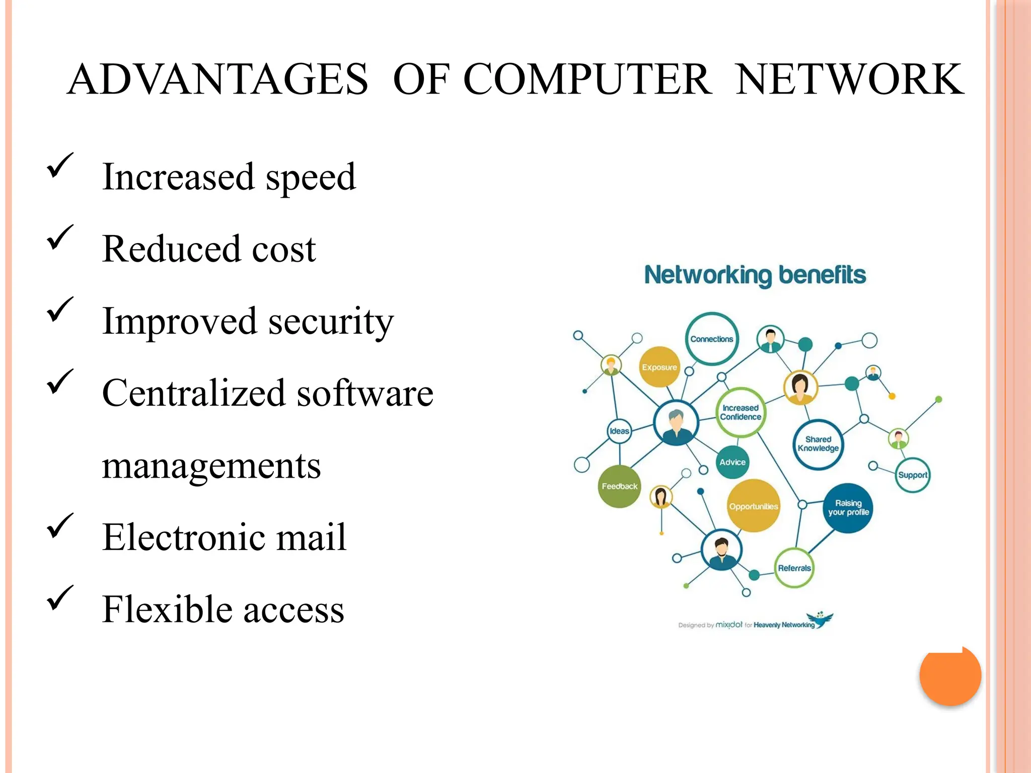 ADVANTAGES OF COMPUTER NETWORK
 Increased speed
 Reduced cost
 Improved security
 Centralized software
managements
 Electronic mail
 Flexible access
 