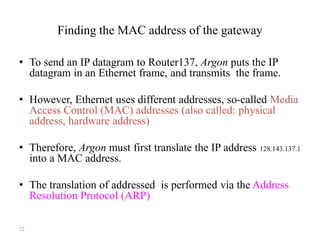 32
Finding the MAC address of the gateway
• To send an IP datagram to Router137, Argon puts the IP
datagram in an Ethernet frame, and transmits the frame.
• However, Ethernet uses different addresses, so-called Media
Access Control (MAC) addresses (also called: physical
address, hardware address)
• Therefore, Argon must first translate the IP address 128.143.137.1
into a MAC address.
• The translation of addressed is performed via the Address
Resolution Protocol (ARP)
 