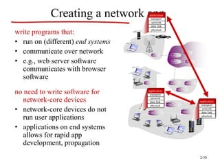 2-50
Creating a network app
write programs that:
• run on (different) end systems
• communicate over network
• e.g., web server software
communicates with browser
software
no need to write software for
network-core devices
• network-core devices do not
run user applications
• applications on end systems
allows for rapid app
development, propagation
application
transport
network
data link
physical
application
transport
network
data link
physical
application
transport
network
data link
physical
 