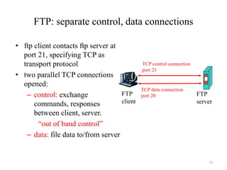 61
FTP: separate control, data connections
• ftp client contacts ftp server at
port 21, specifying TCP as
transport protocol
• two parallel TCP connections
opened:
– control: exchange
commands, responses
between client, server.
“out of band control”
– data: file data to/from server
FTP
client
FTP
server
TCP control connection
port 21
TCP data connection
port 20
 