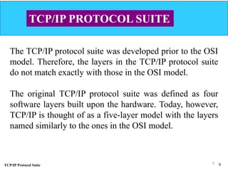 TCP/IP Protocol Suite 9
TCP/IP PROTOCOL SUITE
The TCP/IP protocol suite was developed prior to the OSI
model. Therefore, the layers in the TCP/IP protocol suite
do not match exactly with those in the OSI model.
The original TCP/IP protocol suite was defined as four
software layers built upon the hardware. Today, however,
TCP/IP is thought of as a five-layer model with the layers
named similarly to the ones in the OSI model.
9
 