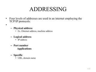 ADDRESSING
• Four levels of addresses are used in an internet employing the
TCP/IP protocols:
•
– Physical address
• Ex. Ehternet address, machine address
– Logical address
• IP address
– Port number
Applications
– Specific
• URL, domain name
2.12
 