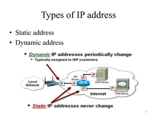 Types of IP address
• Static address
• Dynamic address
17
 