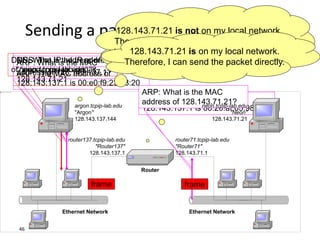 46
DNS: The IP address of
“neon.tcpip-lab.edu” is
128.143.71.21
ARP: What is the MAC
address of 128.143.137.1?
Sending a packet from Argon to Neon
DNS: What is the IP address
of “neon.tcpip-lab.edu”?ARP: The MAC address of
128.143.137.1 is 00:e0:f9:23:a8:20
128.143.71.21 is not on my local network.
Therefore, I need to send the packet to my
default gateway with address 128.143.137.1
frame
128.143.71.21 is on my local network.
Therefore, I can send the packet directly.
ARP: The MAC address of
128.143.137.1 is 00:20:af:03:98:28
ARP: What is the MAC
address of 128.143.71.21?
frame
neon.tcpip-lab.edu
"Neon"
128.143.71.21
argon.tcpip-lab.edu
"Argon"
128.143.137.144
router137.tcpip-lab.edu
"Router137"
128.143.137.1
router71.tcpip-lab.edu
"Router71"
128.143.71.1
Ethernet NetworkEthernet Network
Router
 