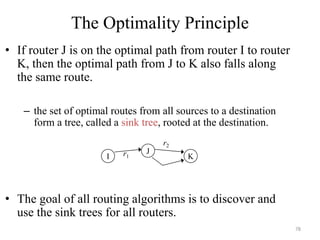 The Optimality Principle
• If router J is on the optimal path from router I to router
K, then the optimal path from J to K also falls along
the same route.
– the set of optimal routes from all sources to a destination
form a tree, called a sink tree, rooted at the destination.
• The goal of all routing algorithms is to discover and
use the sink trees for all routers.
I
J
Kr1
r2
78
 