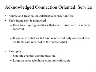 Acknowledged Connection Oriented Service
• Source and Destination establish a connection first.
• Each frame sent is numbered
– Data link layer guarantees that each frame sent is indeed
received.
– It guarantees that each frame is received only once and that
all frames are received in the correct order.
• Examples:
– Satellite channel communication,
– Long-distance telephone communication, etc.
14
 