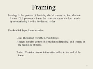 Framing
Framing is the process of breaking the bit stream up into discrete
frames. DLL prepares a frame for transport across the local media
by encapsulating it with a header and trailer.
The data link layer frame includes:
Data: The packet from the network layer.
Header: contains control information (addressing) and located at
the beginning of frame.
Trailer: Contains control information added to the end of the
frame.
19
 